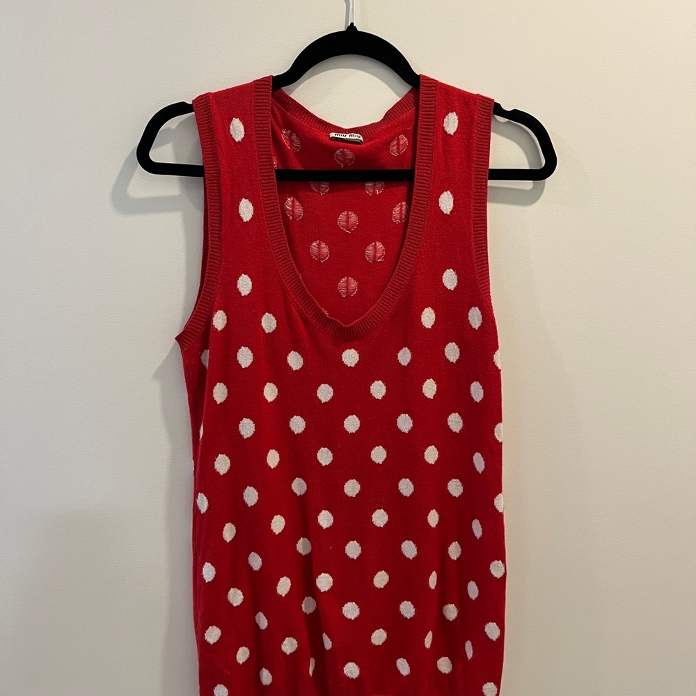 Miu Miu Red and White Polka Dot Sleeveless Sweater